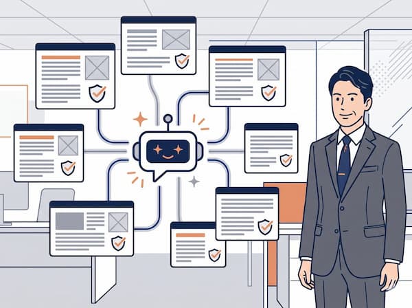 AIが複数の信頼できるWebサイトを参照して回答を生成する仕組みのイラスト
