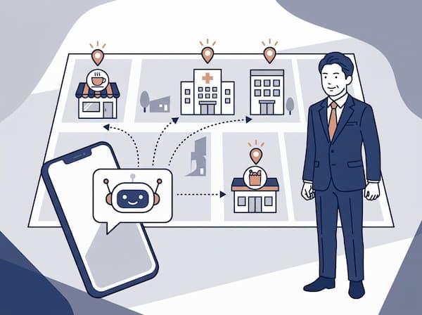 AIが地域の店舗・会社をユーザーとの距離をもとに選び出す様子のイラスト