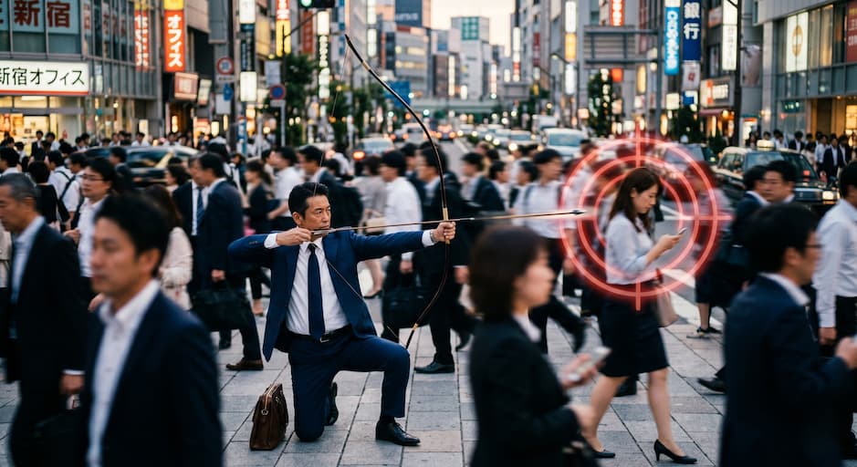 大勢の人の中から一人に狙いを絞り、的の中心に向けて矢を放つ日本人ビジネスマンのフラットイラスト